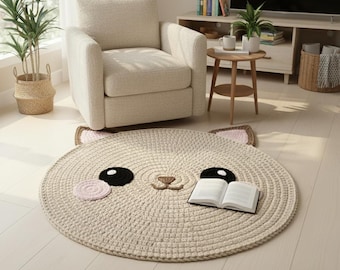 Crochet Cat Rug Pattern PDF, Easy Beginner Cat Mat, Cute Animal Face Rug, Super Bulky Yarn Pattern, Kawaii Cat Decor, crochet cat design