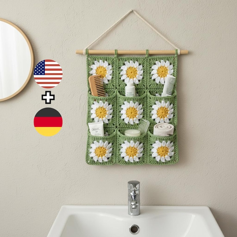 Daisy Crochet Wall Hanging Pattern PDF, Granny Square Organizer, Boho Wall Storage, Hanging Pocket Organizer Pattern, Instant Download PDF image 1