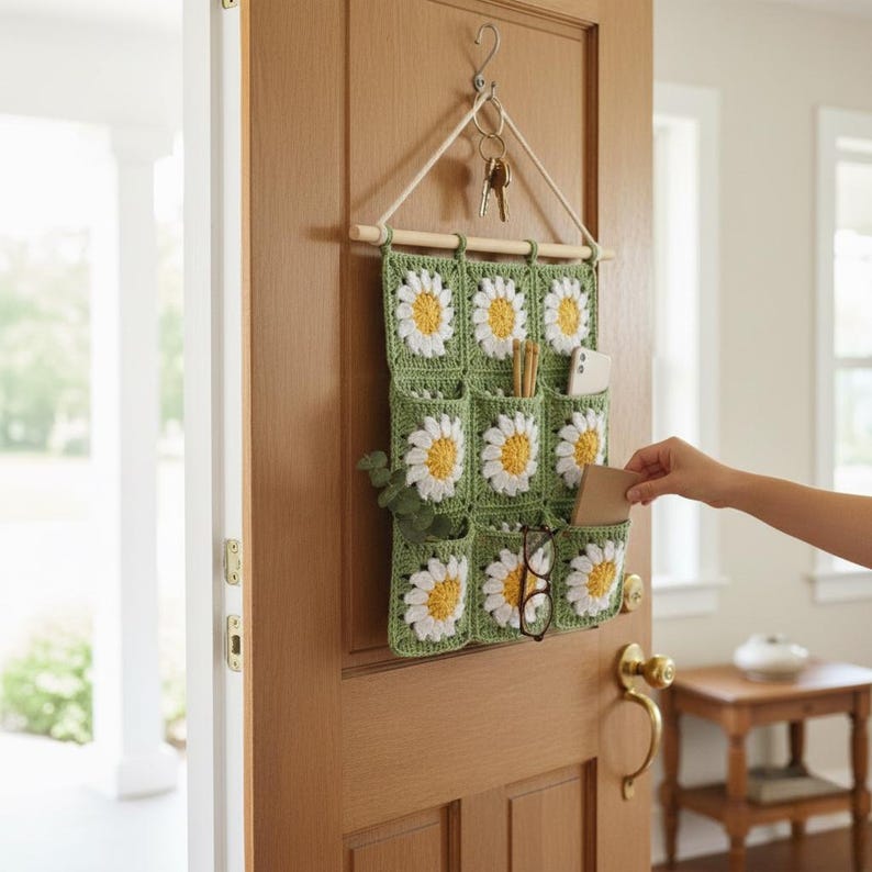 Daisy Crochet Wall Hanging Pattern PDF, Granny Square Organizer, Boho Wall Storage, Hanging Pocket Organizer Pattern, Instant Download PDF image 7