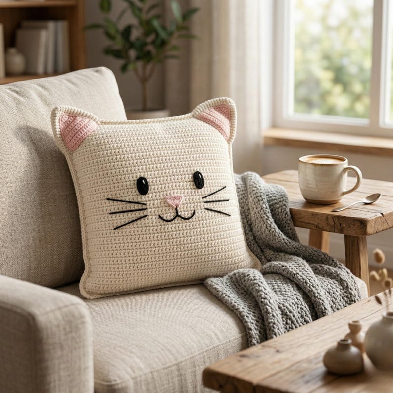 Peut inclure: Un coussin en forme de chat, crochet&eacute; en cr&egrave;me, avec des oreilles int&eacute;rieures roses, des yeux noirs et des moustaches brod&eacute;es. Le coussin carr&eacute; repose sur un canap&eacute; beige. Une couverture grise et une tasse de caf&eacute; sugg&egrave;rent un cadre confortable.