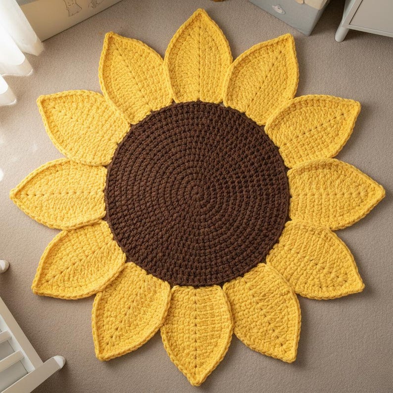 May include: A handmade, crochet sunflower rug with a brown center and yellow petals. The rug is round and has a textured appearance, resembling a real sunflower. This decorative rug is suitable for a child's room or any space needing a touch of nature.