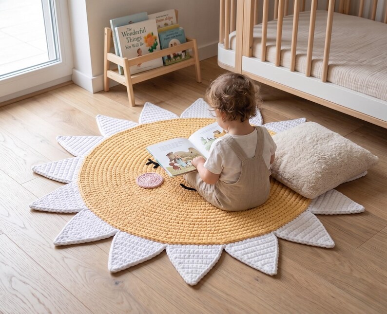 Puede incluir: Alfombra de ganchillo amarilla y blanca con forma de sol. La alfombra tiene un centro amarillo con una cara sonriente y rayos triangulares blancos. Un ni&ntilde;o est&aacute; sentado en la alfombra, leyendo un libro. Una peque&ntilde;a posavasos rosa est&aacute; en la alfombra.