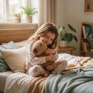 Pu&ograve; includere: Una bambina in pigiama &egrave; seduta su un letto, che abbraccia un orsacchiotto all'uncinetto. L'orso &egrave; marrone chiaro con un muso pi&ugrave; scuro e occhi a bottone. Il letto ha una coperta azzurra e un cuscino color crema. Le piante sono visibili sullo sfondo.