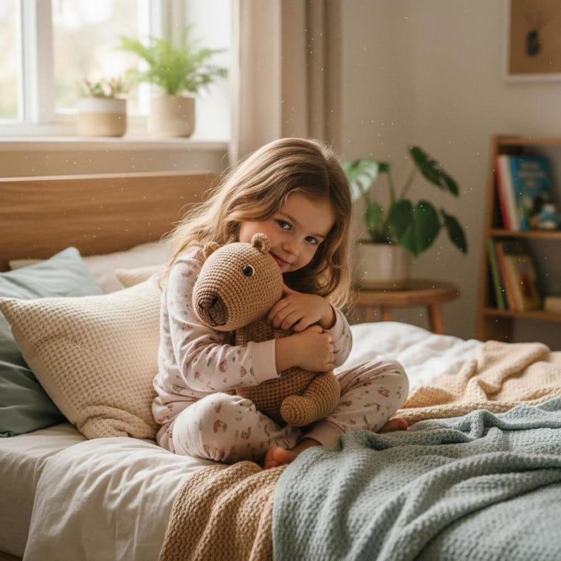 Pu&ograve; includere: Una bambina in pigiama &egrave; seduta su un letto, che abbraccia un orsacchiotto all'uncinetto. L'orso &egrave; marrone chiaro con un muso pi&ugrave; scuro e occhi a bottone. Il letto ha una coperta azzurra e un cuscino color crema. Le piante sono visibili sullo sfondo.