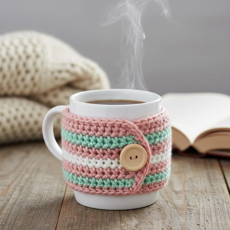 May include: A white ceramic mug filled with a dark beverage, wrapped in a pink, green, and white crocheted cozy. A wooden button secures the cozy. Steam rises from the mug. A book and a stack of blankets are in the background.