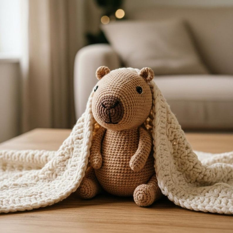 Pu&ograve; includere: Un orsetto all'uncinetto fatto a mano, nei toni del marrone, coperto da una coperta strutturata. L'orso ha un corpo rotondo, piccole orecchie e un muso dettagliato. La coperta &egrave; color crema. L'orsetto &egrave; seduto su una superficie di legno.
