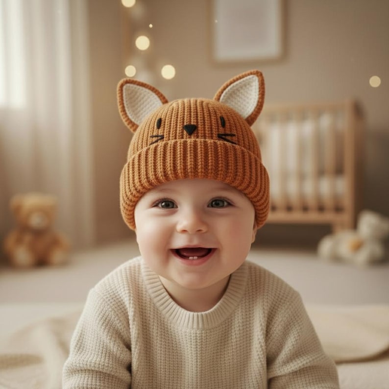 Pode incluir: Um beb&ecirc; sorrindo usando um gorro de malha marrom com orelhas de raposa e um desenho de rosto preto. O beb&ecirc; tamb&eacute;m est&aacute; usando um su&eacute;ter creme. O fundo inclui um ber&ccedil;o e um ursinho de pel&uacute;cia.