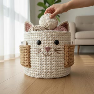 May include: A cream-colored, crocheted cat-shaped storage basket with black button eyes, a pink nose, and embroidered whiskers. The basket has two brown side pockets and is filled with yarn balls. The cat ears are pink-lined.
