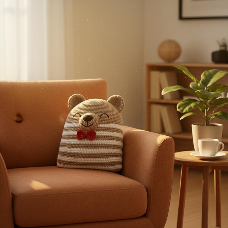 May include: A crocheted bear-shaped pillow with a smiling face and a red bow tie rests on a peach-colored armchair. The pillow features horizontal stripes in shades of brown and white. The scene is set in a cozy, well-lit living room.