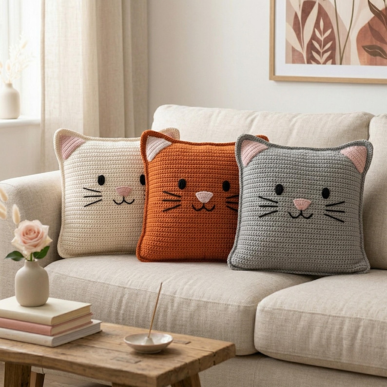 Peut inclure: Trois coussins carr&eacute;s en crochet repr&eacute;sentant des chats, de couleurs cr&egrave;me, orange et grise, chacun avec des traits de visage brod&eacute;s. Les coussins ont des accents roses sur les oreilles et le nez, et sont expos&eacute;s sur un canap&eacute; beige. D&eacute;coration int&eacute;rieure.
