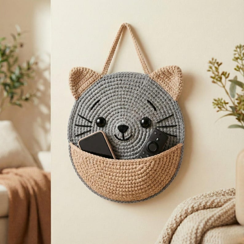 K&ouml;nnte beinhalten: Grau-beiger Wandorganizer aus H&auml;kelarbeit in Form eines Katzenkopfes. Die Katze hat schwarze Augen und Schnurrhaare, und eine Tasche enth&auml;lt ein Smartphone und eine Fernbedienung. Er h&auml;ngt an einem beigen Riemen.