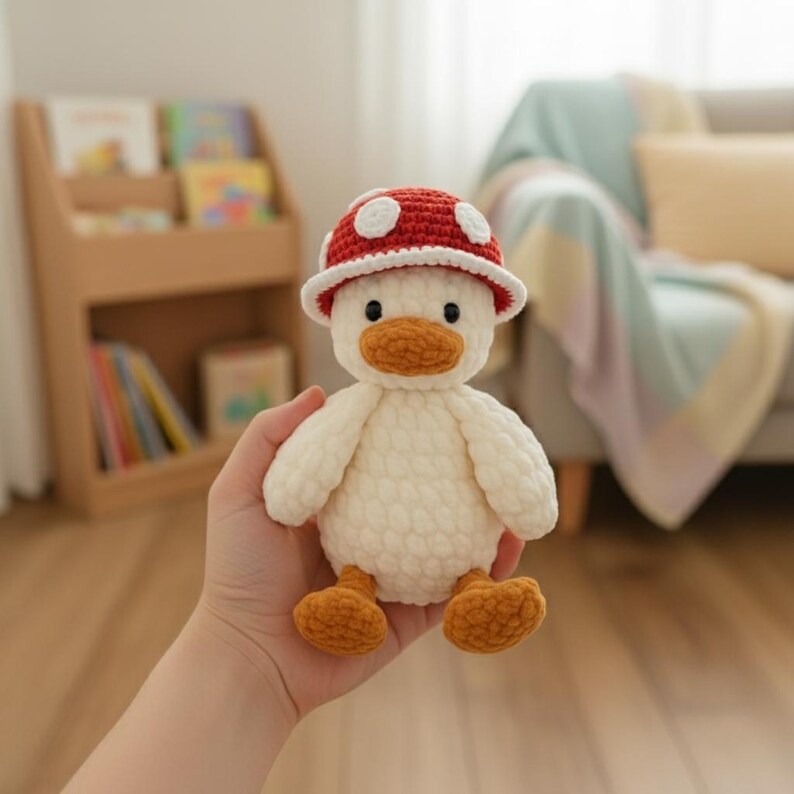 May include: A handmade crochet duck toy wearing a red mushroom hat with white spots. The duck has a white body, orange beak, and orange feet. The toy is soft and plush, perfect for children.
