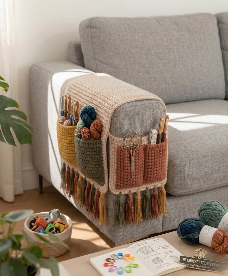 K&ouml;nnte beinhalten: Ein beigefarbener, senfgelber und rostfarbener H&auml;kel-Sofa-Arm-Organizer mit mehreren Taschen und bunten Quasten. Der Organizer ist mit H&auml;kelnadeln, Garn, Scheren und einem Ma&szlig;band gef&uuml;llt. Der Organizer ist am Arm eines grauen Sofas befestigt.