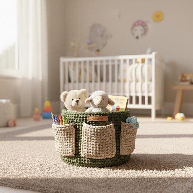May include: A green crochet storage basket with three beige pockets, filled with toys and crayons. The basket contains a teddy bear, a lamb, and a book. The basket is sitting on a light brown carpet.