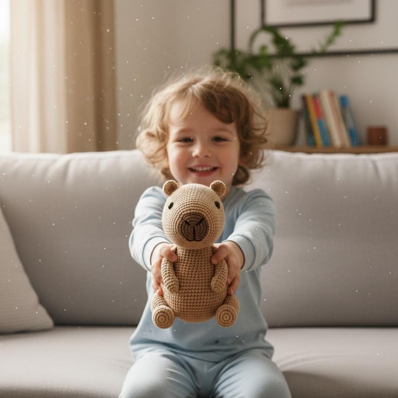 Pu&ograve; includere: Un bambino sorridente in pigiama blu tiene in mano un orsetto all'uncinetto fatto a mano, color marrone chiaro. L'orso ha un corpo rotondo, piccole orecchie e un muso dettagliato. Lo sfondo include un divano grigio e uno scorcio di una stanza con libri e piante.