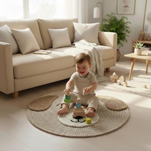 May include: A round, dog-shaped rug with a light gray braided design. The rug features a white face with black eyes and a nose. A child is playing with wooden blocks on the rug.