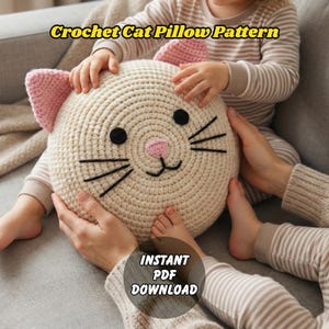 Crochet Cat Pillow Pattern PDF – Cute Kitty Face Cushion, Easy Round Plush Pillow Tutorial, Beginner-Friendly Amigurumi Home Decor