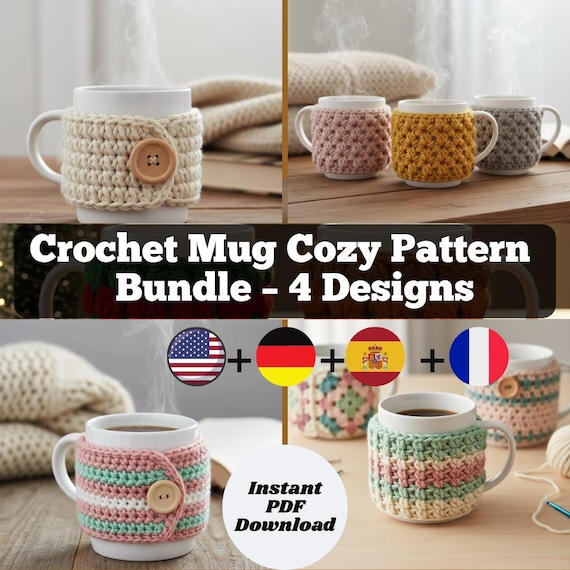 Crochet Mug Cozy Pattern Bundle – Easy Mug Cozy Crochet Patterns PDF – Cup Cozy Pattern Set for Beginners – 4 Cute Mug Cover Designs