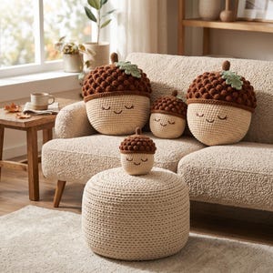 May include: Three crochet acorn-shaped cushions and one small crochet acorn ornament. Each acorn features a textured dark brown cap, a light beige base with a stitched smiling face, and a small green leaf attached to the cap.