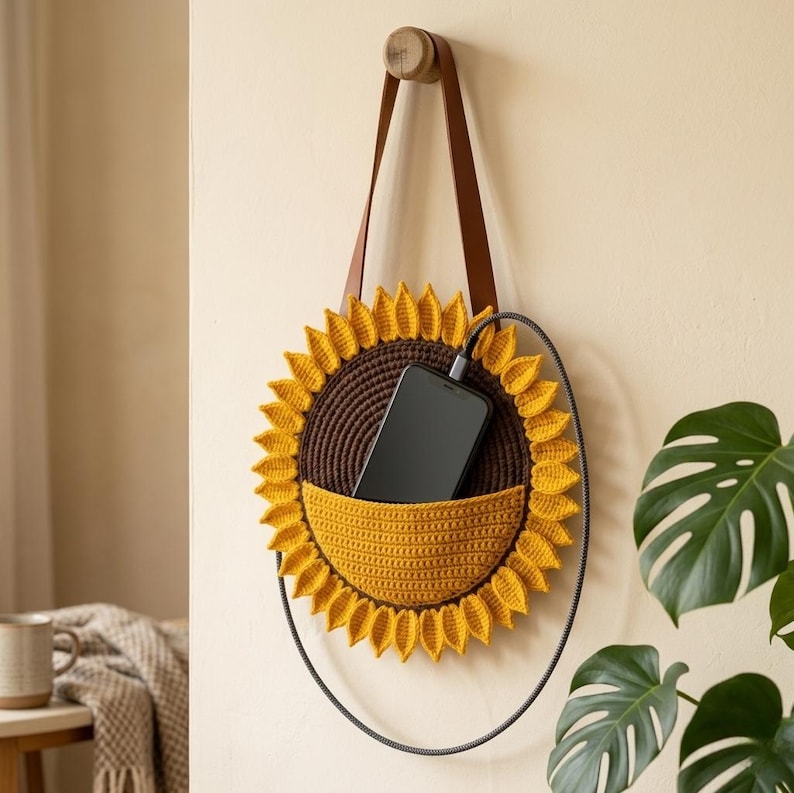 May include: A round, crocheted sunflower-shaped wall pocket with a dark brown center and bright yellow petals. It features a brown leather strap for hanging and contains a black smartphone connected to a charging cable that loops downward.