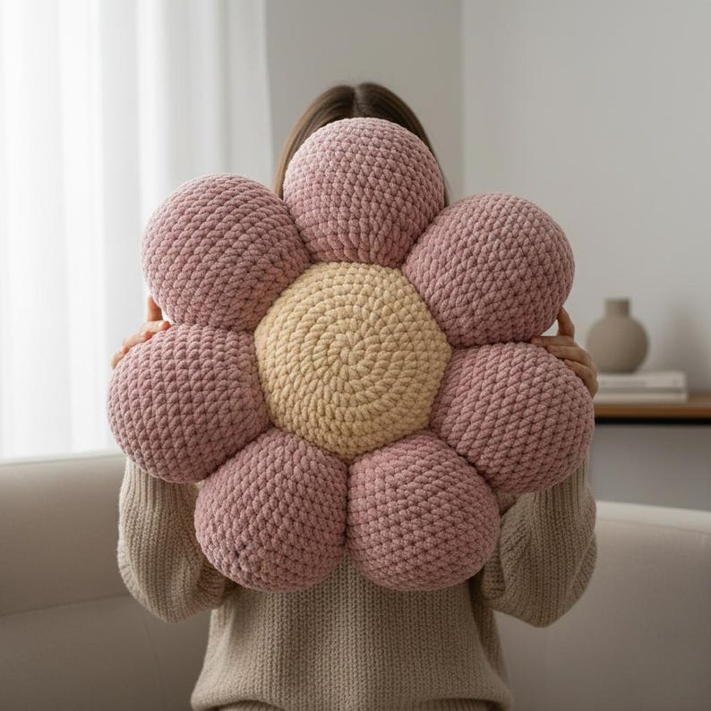 May include: A large, flower-shaped pillow with a light pink petal design and a yellow center. The pillow is made of a chunky, textured yarn, and is held by a person wearing a beige sweater. The pillow's design is reminiscent of a daisy.
