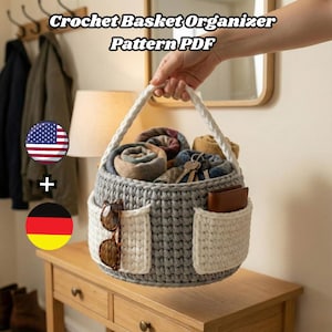 Patrón de cesta organizadora de crochet (PDF): cesta de almacenaje con bolsillos y asa, hogar moderno - Patrón de organizador de sofá de crochet (inglés-alemán)