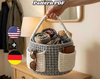 Crochet Basket Organizer Pattern PDF – Storage Basket with Pockets & Handle, Modern Home  - Sofa Organizer Crochet Pattern / English -German