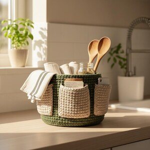 May include: A green crochet basket with three beige pockets, holding kitchen items. Inside are white towels, wooden spoons, and a jar. A striped towel hangs over the side. The basket sits on a wooden countertop.