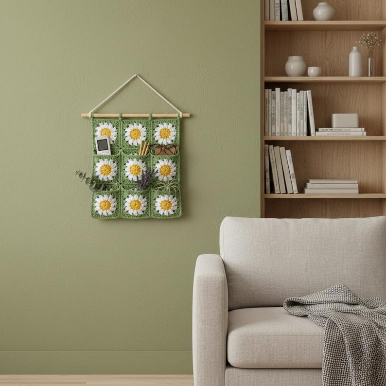 May include: A green crochet wall organizer with nine pockets, each featuring a daisy design with yellow centers and white petals. The organizer hangs from a wooden dowel and holds a phone, glasses, and small plants. The background is a light green wall.