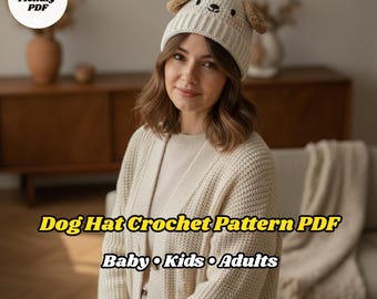 Dog Hat Crochet Pattern PDF – Easy Animal Beanie Tutorial with Floppy Ears | Beginner Crochet Pattern, Chenille Winter Hat for Kids & Adults