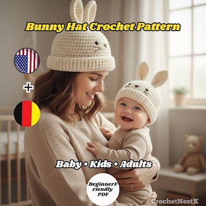 Gorro de inverno de coelho em crochê (PDF) | Gorro fofo com orelhas de coelho | Gorro de animal fácil para iniciantes | Tamanhos para bebês, crianças e adultos | Download instantâneo EN/DE