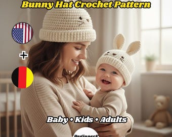 Gorro de inverno de coelho em crochê (PDF) | Gorro fofo com orelhas de coelho | Gorro de animal fácil para iniciantes | Tamanhos para bebês, crianças e adultos | Download instantâneo EN/DE