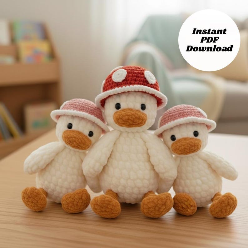 May include: Three handmade crochet duck toys. Each duck is white with an orange beak and feet. Two ducks wear pink hats, and one wears a red mushroom hat with white spots. The image includes the text "Instant PDF Download".