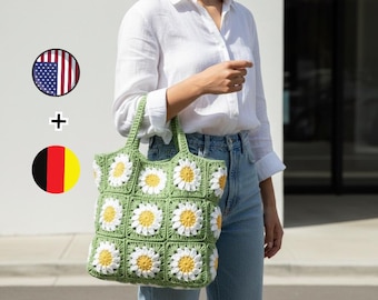 Patrón PDF para bolso cuadrado de abuela a crochet / Bolso tote con margaritas / Bolso de crochet paso a paso para principiantes / Tutoriales de descarga digital