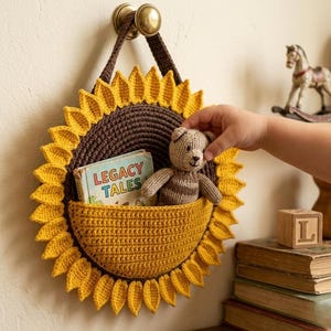 Sunflower Wall Organizer Crochet Pattern PDF, Hanging Storage Pocket, Boho Home Decor, Nursery Organizer, Crochet Gift, Easy DIY Pattern image 4