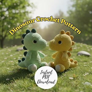 May include: Two crocheted dinosaur toys, one light green and one yellow, sit on grass. The text "Dinosaur Crochet Pattern" arches above them. A white circle below reads "Instant PDF Download".