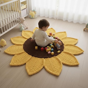 May include: A handmade crochet sunflower rug with a brown center and yellow petals. A baby is sitting on the rug playing with colorful wooden blocks. The rug is placed on a light wood floor in a nursery setting.