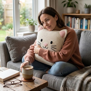 Peut inclure: Un coussin en forme de chat crochet&eacute;, de couleur cr&egrave;me, avec des oreilles roses et un visage brod&eacute; en noir. Le coussin est tenu sur un canap&eacute; gris. Une tasse de caf&eacute; est pos&eacute;e sur une table en bois devant le canap&eacute;.