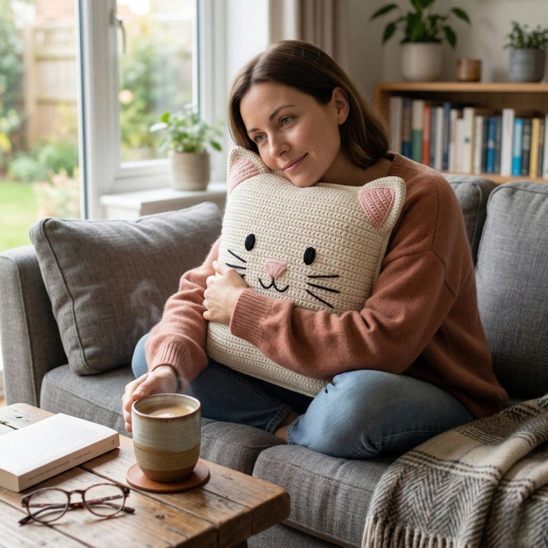 Peut inclure: Un coussin en forme de chat crochet&eacute;, de couleur cr&egrave;me, avec des oreilles roses et un visage brod&eacute; en noir. Le coussin est tenu sur un canap&eacute; gris. Une tasse de caf&eacute; est pos&eacute;e sur une table en bois devant le canap&eacute;.