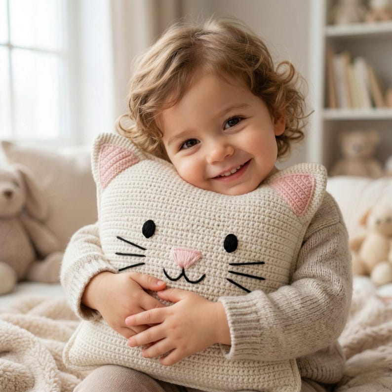 Peut inclure: Un enfant souriant serre un coussin en forme de chat de couleur cr&egrave;me. Le coussin a des oreilles roses, des yeux noirs et un nez rose. L'enfant porte un pull cr&egrave;me. L'arri&egrave;re-plan comprend un lit et une &eacute;tag&egrave;re.