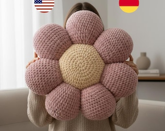 Mönster för virkad blomkudd i PDF-format, virkmönster för plyschkuddar, prästkragekuddar, amigurumikuddar, heminredning, presentmönster för hemmafixare