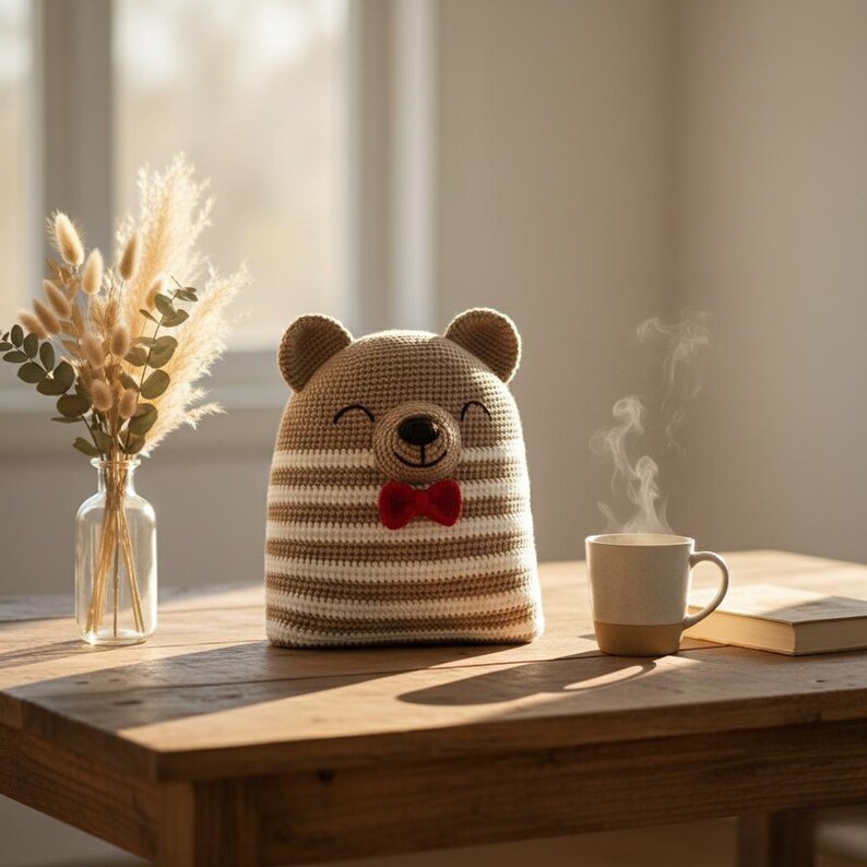 May include: A handmade, crocheted bear tea cozy with a smiling face and a red bow tie. The cozy is beige with brown and white stripes. A cup of coffee and a vase of dried flowers sit on a wooden table.