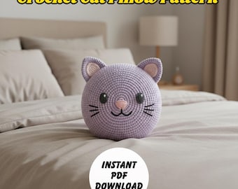Crochet Cat Pillow Pattern • Round Cat Face Pillow PDF • Beginner Friendly Crochet •  Plush Pillow Tutorial - Round Crochet Cushion Pattern