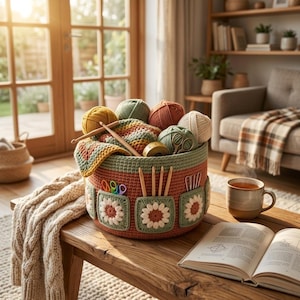 Puede incluir: Una cesta de ganchillo redonda de color terracota con bolsillos exteriores adornados con cuadrados de la abuela florales en blanco y verde salvia. La cesta contiene ovillos de lana, agujas de tejer de madera, una cinta métrica y tijeras.