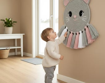 Modèle de tenture murale au crochet • PDF au crochet de tapisserie de chat mignon • Modèle d'art mural chat pour débutant avec glands • Tutoriel de décoration intérieure facile
