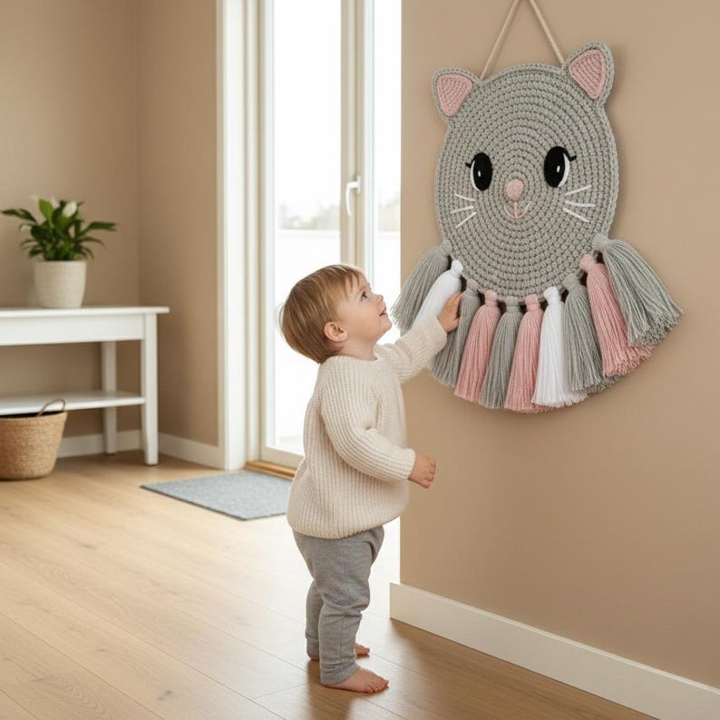 May include: A grey, round, crocheted cat wall hanging with pink and grey ears, black eyes, and white whiskers. The cat has a pink nose and is decorated with pink, white, and grey tassels. A child is reaching for the wall hanging.