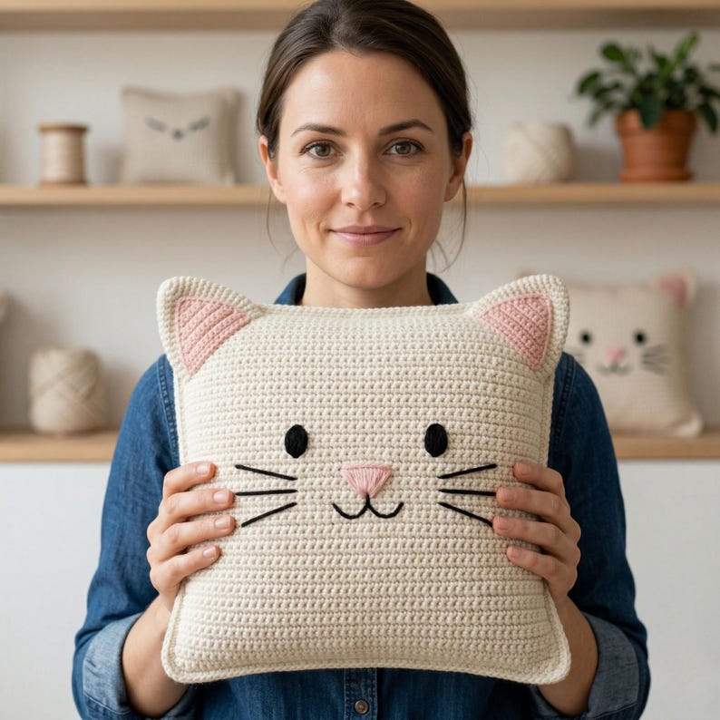 Peut inclure: Un coussin en forme de chat, crochet&eacute; en cr&egrave;me, avec des oreilles int&eacute;rieures roses, des yeux noirs, un nez rose et des moustaches noires. Le coussin est rectangulaire et pr&eacute;sente un design simple et charmant. D'autres coussins sont visibles en arri&egrave;re-plan.