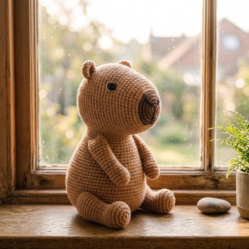 Pu&ograve; includere: Un peluche di capibara fatto a mano all'uncinetto, nei toni del marrone. L'animale amigurumi ha un corpo rotondo, piccole orecchie e un muso dettagliato. &Egrave; seduto su un davanzale di legno vicino a una pianta in vaso.
