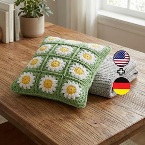 Kissen Häkelanleitung PDF - Daisy Grandma quadratischer Kissenbezug, anfängerfreundliches Blumenkissen, modernes Wohndekor sofort häkeln