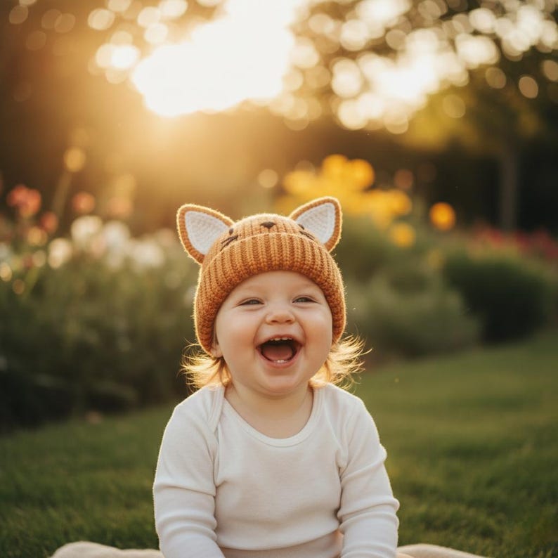 Pode incluir: Um beb&ecirc; sorrindo usando um chap&eacute;u laranja de malha com orelhas de gato brancas. O beb&ecirc; est&aacute; usando um body branco de manga comprida e est&aacute; sentado em um cobertor na grama. O fundo est&aacute; desfocado com a luz do sol.
